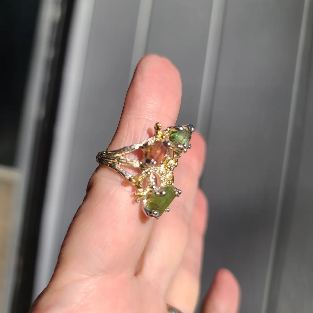 Turmulene green ocean & watermelon 🍉 w/Peridot sterling & gold ring sz6.5 - Picture 6 of 11